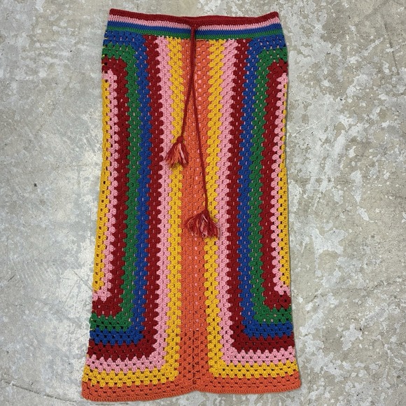 FARM Rio Dresses & Skirts - Farm Rio Crochet Knit Rainbow Stripe Maxi Skirt XL Boho Festival Handmade Pride